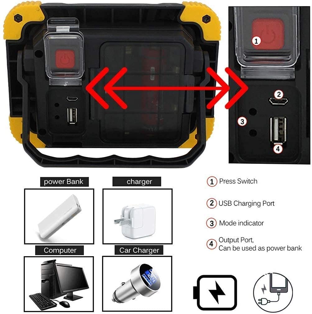 Luce da lavoro ricaricabile, faretto da esterno USB da 10 W, impermeabile IP65, luce di sicurezza con 4 modalità di illuminazione per giardino e garage