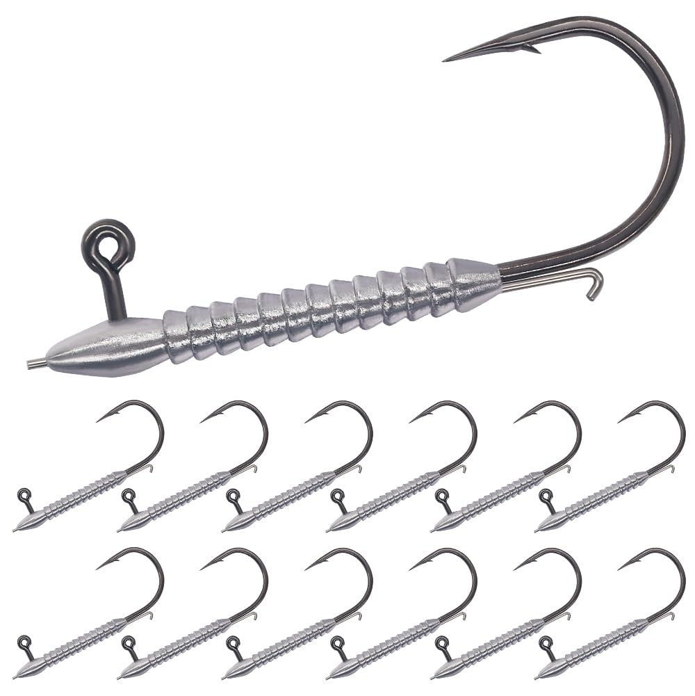 Hover Rig Jig Heads 12-Pack -2X Strong Weighted Swimbait Hooks for Bass Fishing- Freshwater Sizes #1 1/32oz to 3/0 1/8oz