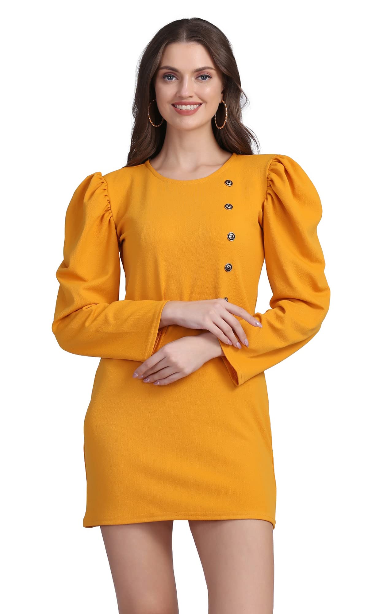Shasmi Women's Comfortable Mustard Round Neck Full Sleeve Solid Midi Bodycon Casual Western Stylish Dress For Womens/Midi Dress For Girls (Shree Midi 13 Mustard Xl)
