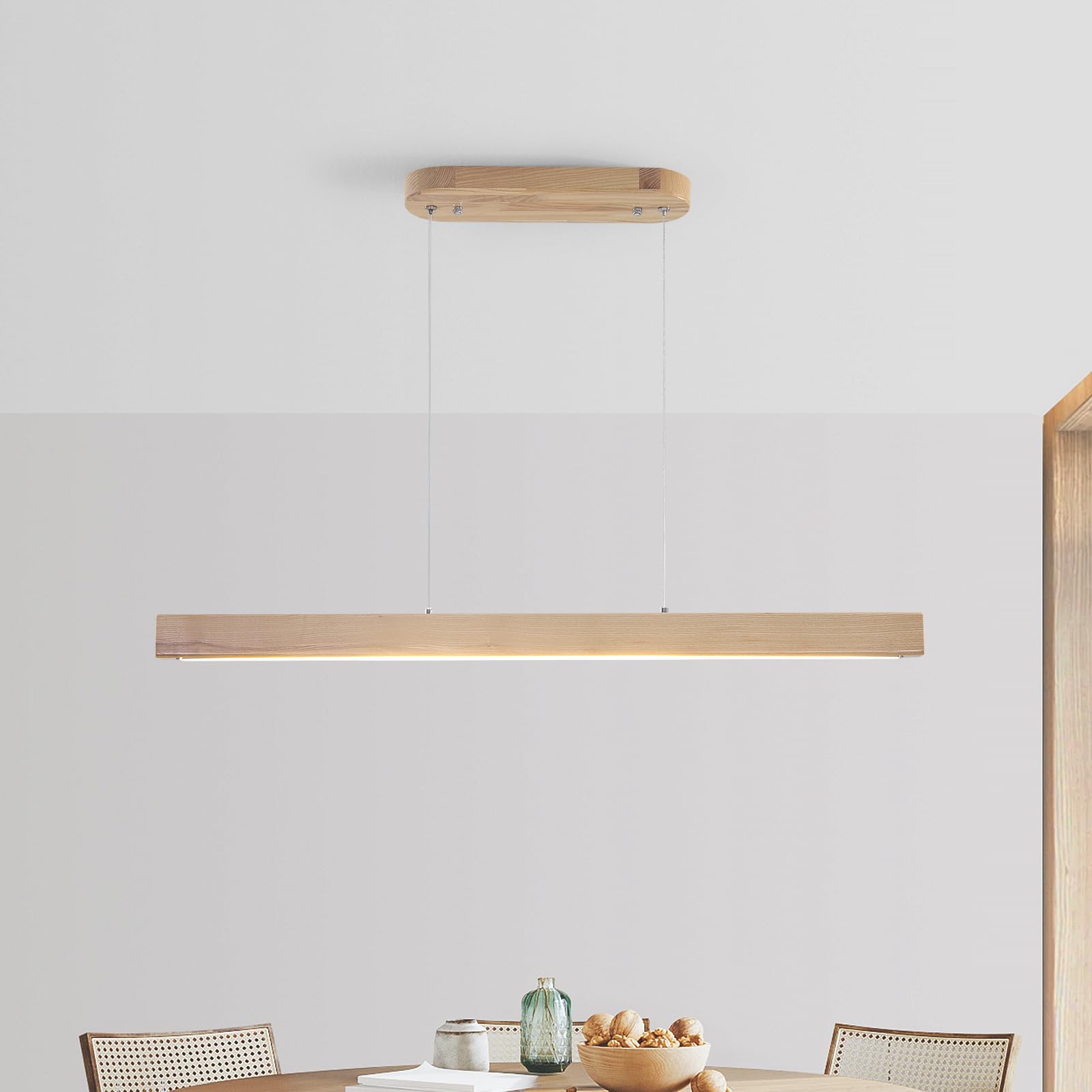 Wooden LED Pendant Light Dimmable,80Cm Natural Wood Kitchen Island Lights with Remote Control,Height Adjustable,24W Hanging Lights Modern Dining Table Light for Living Room Bedroom Restaurant