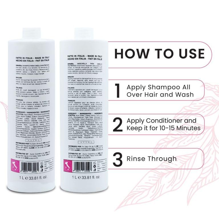 Miniatura 4 de Avyna Champú y acondicionador (Maschera) Set para cabello dañado con ácido hialurónico 33.81 Oz
