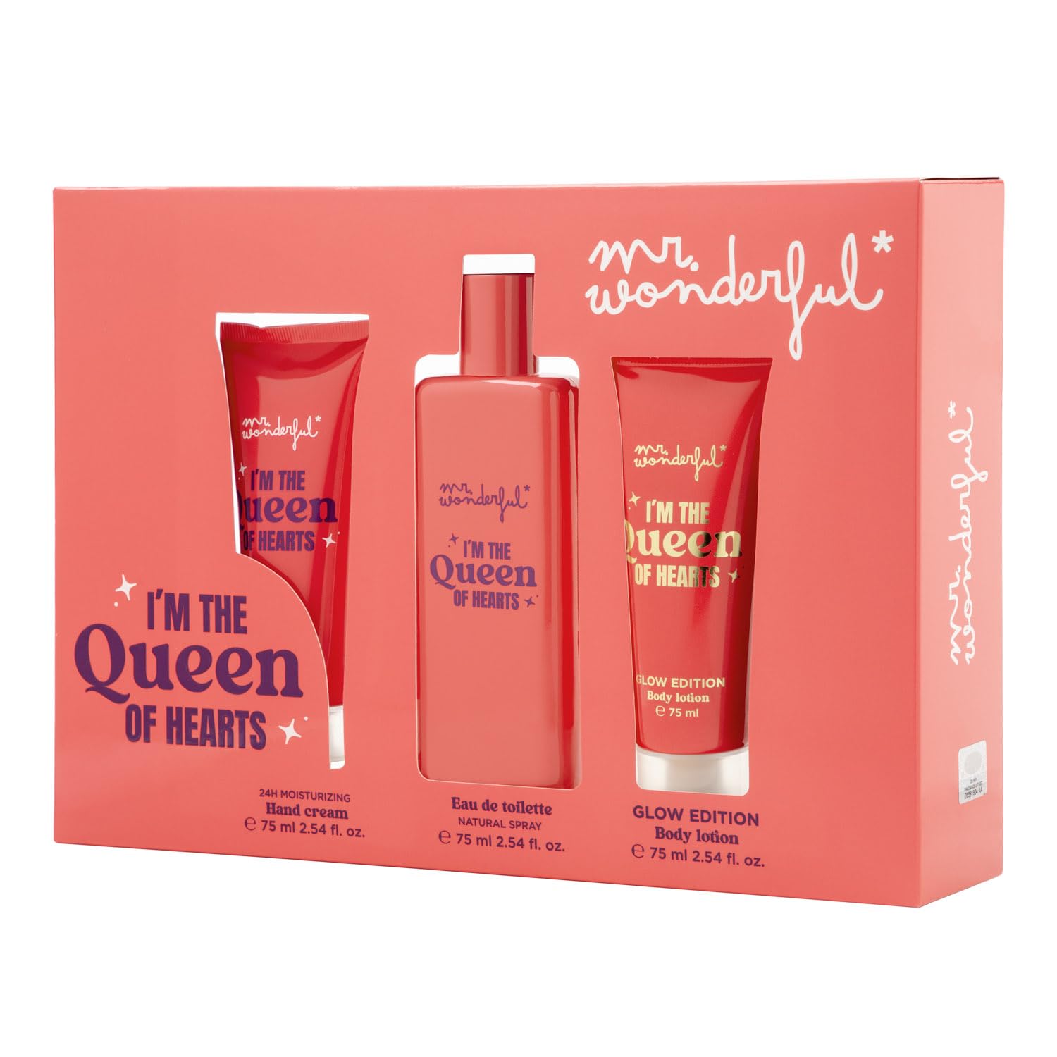 MR WONDERFUL - I'm the Queen of Hearts 75 ml, Estuche de Regalo Mujer, Colonia + Crema Manos + Crema de Cuerpo Glow Edition, Eau de Toilette Femenina, Aroma Frutal Gourmand