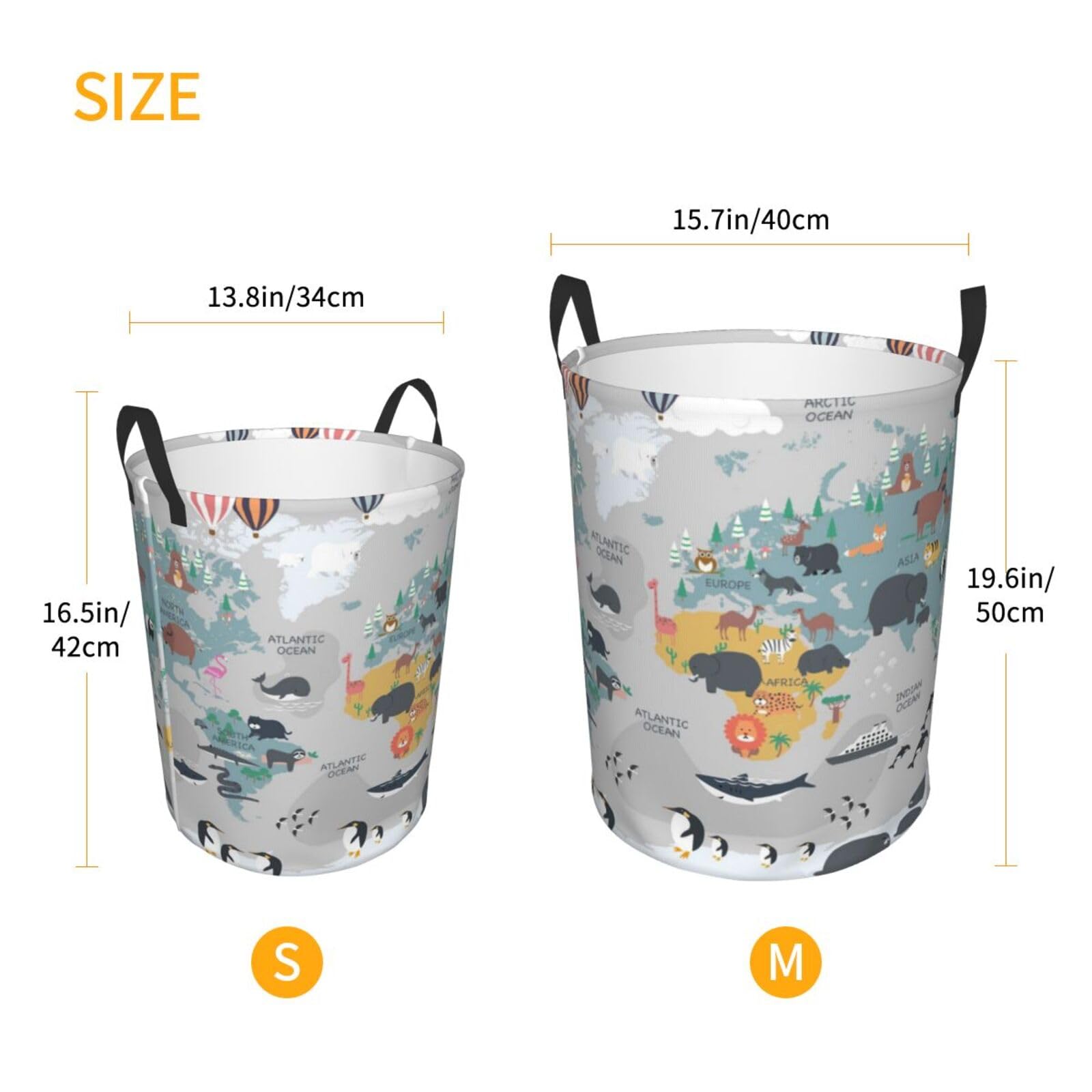 Grand panier à linge avec poignées – Carte du monde avec animaux de dessin animé pour bébés et enfants – Panier à linge sale