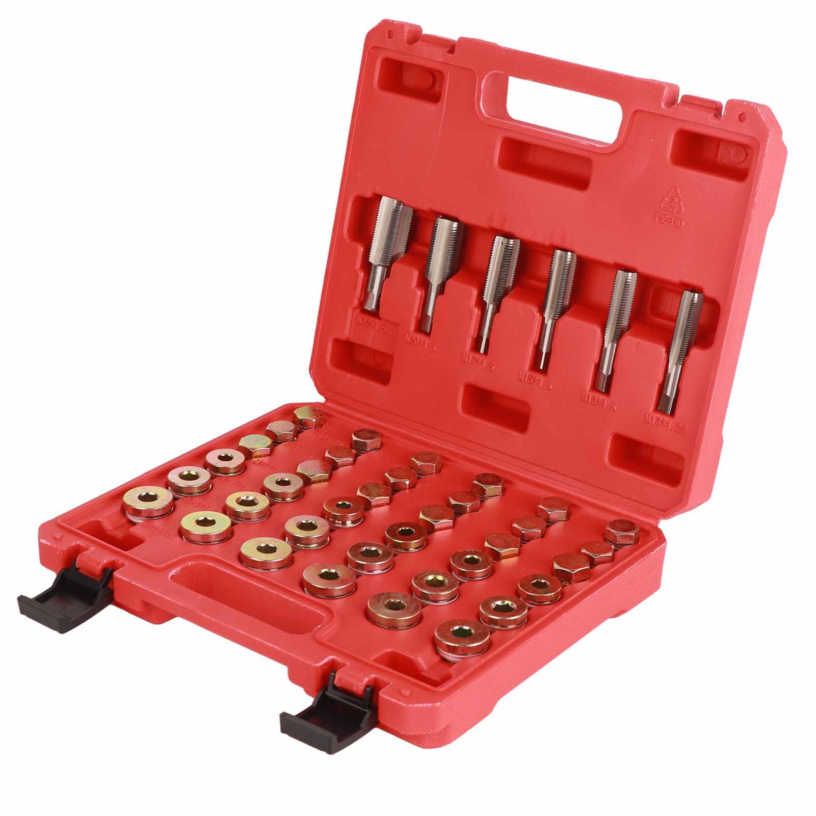 Kit di riparazione filettatura coppa olio da 114 pezzi adatto per Seat, set di strumenti per tappo di scarico coppa olio con dimensioni M13 M15 M17 M20 M22, utensili di