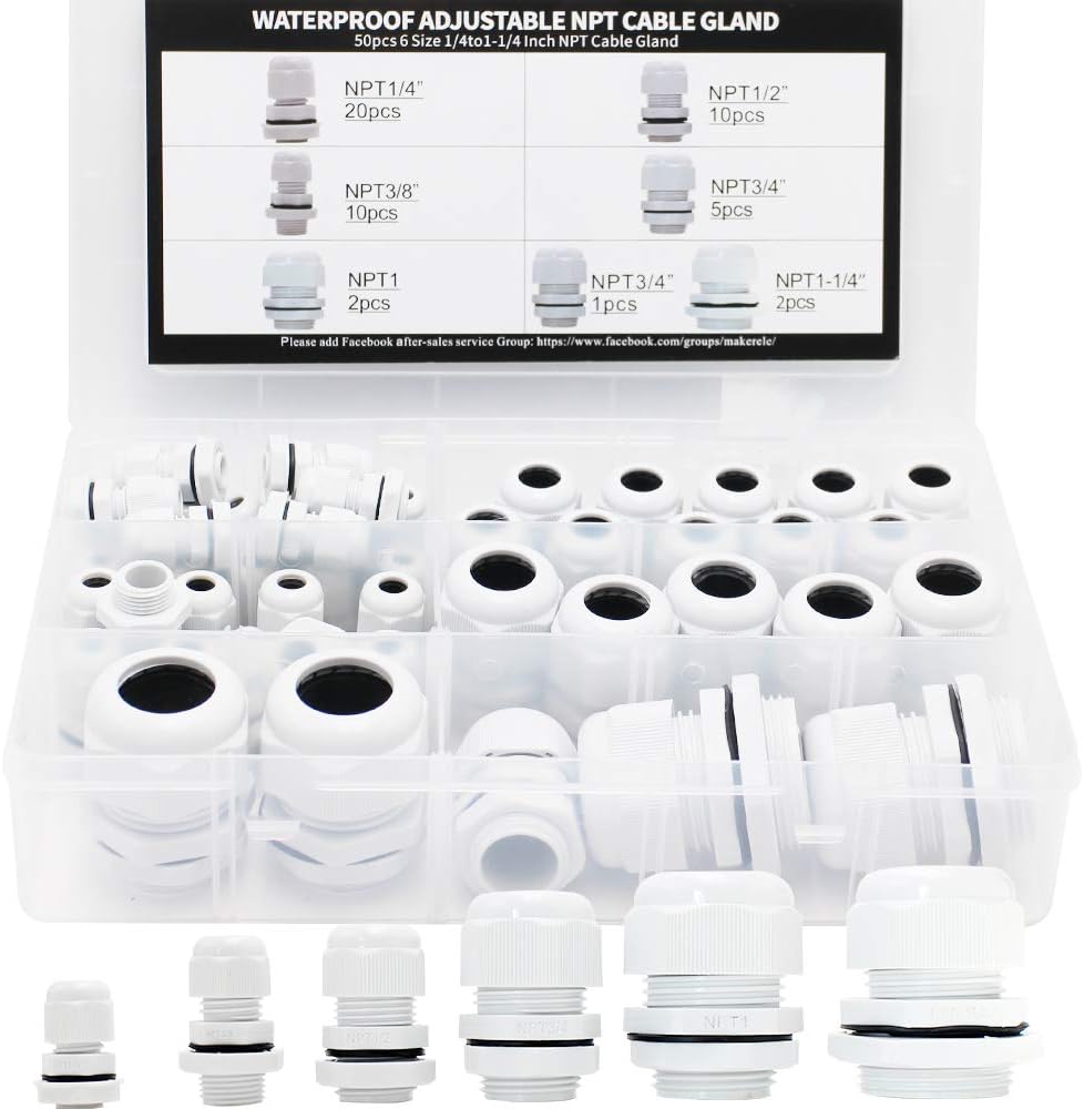 MAKERELE Nylon Waterproof NPT Cable Glands electrical conduit connectors Kit 50pcs 1/4” 3/8” 1/2” 3/4” 1” 1-1/4” cord grip strain relief Grey With Gaskets