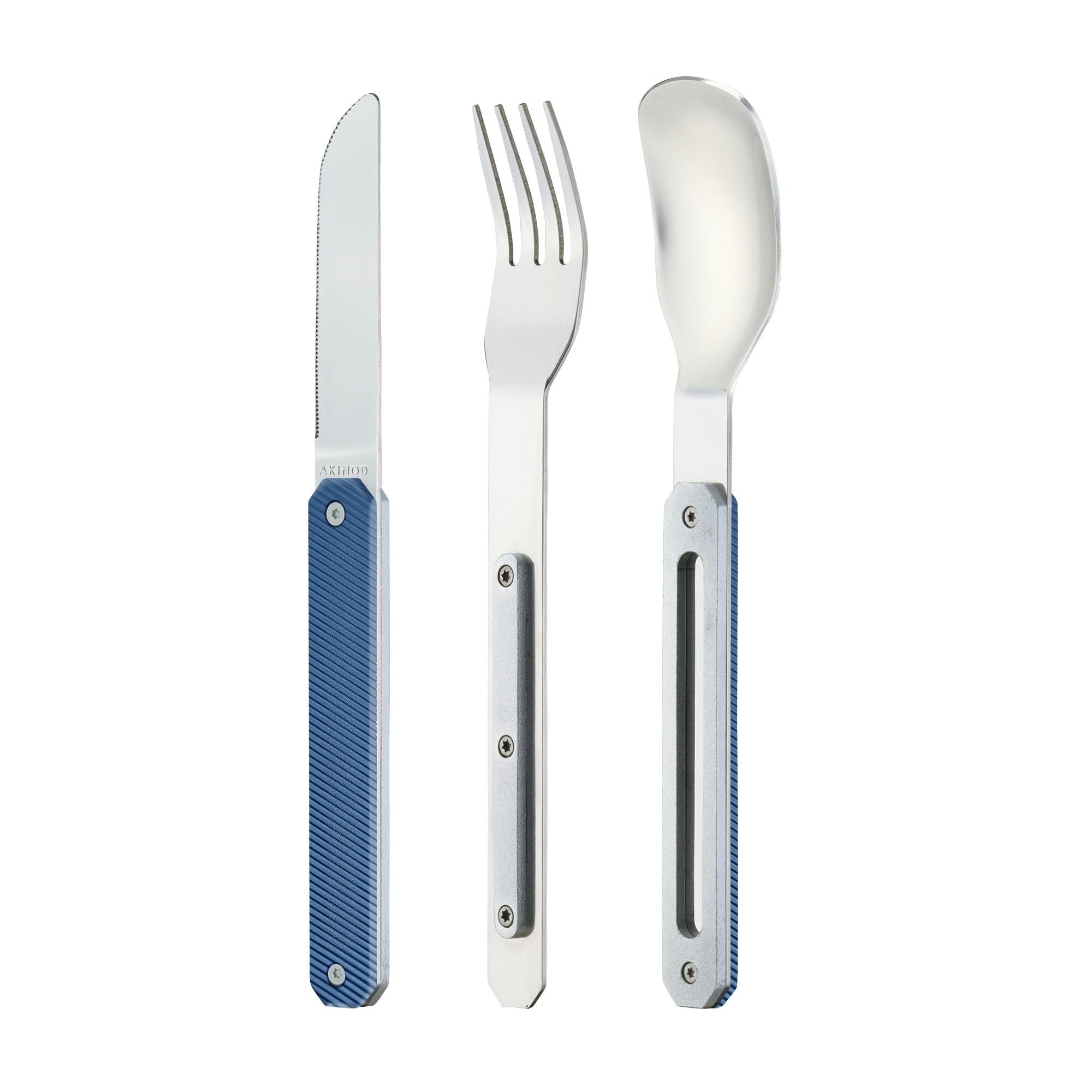 Akinod - Couverts 12:34 - Fourchette + Couteau + Cuillère - Assemblage Aimanté - Couverts en Acier Inoxydable Nomades, Compacts, Durables et Élégants - Aluminium bleu