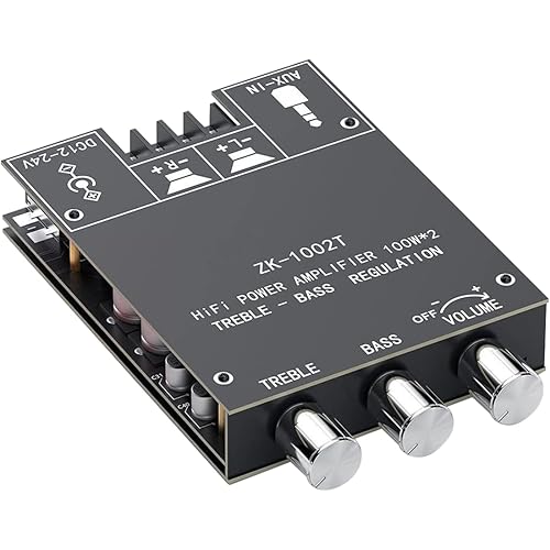 200W Bluetooth Amplifier Board with Treble and Bass Control, 2.0 Channel HiFi Subwoofer Audio Amp, BT and AUX Inputs, DC 9-24V Stereo Amp Board for DIY Speakers, Password Free ZK-1002T