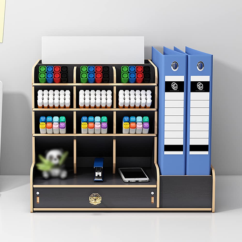 Organizador de escritorio de madera con cajón multifunción para oficina, escuela y soporte para bolígrafos, tamaño grande (negro)