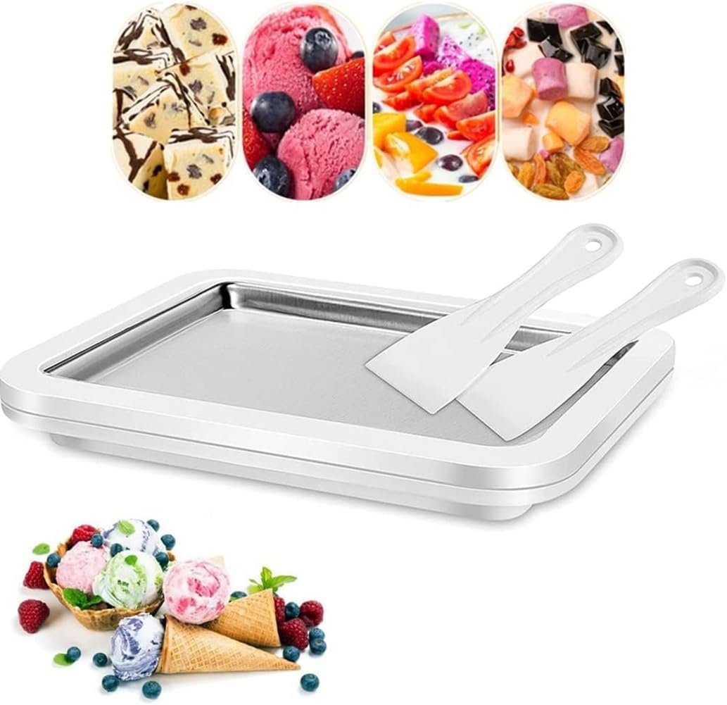 Rolled Instant Ice Cream Maker Pan Tray Frozen Yogurt Dessert Maker Cold Plate with 2 Scrapers White-image-13