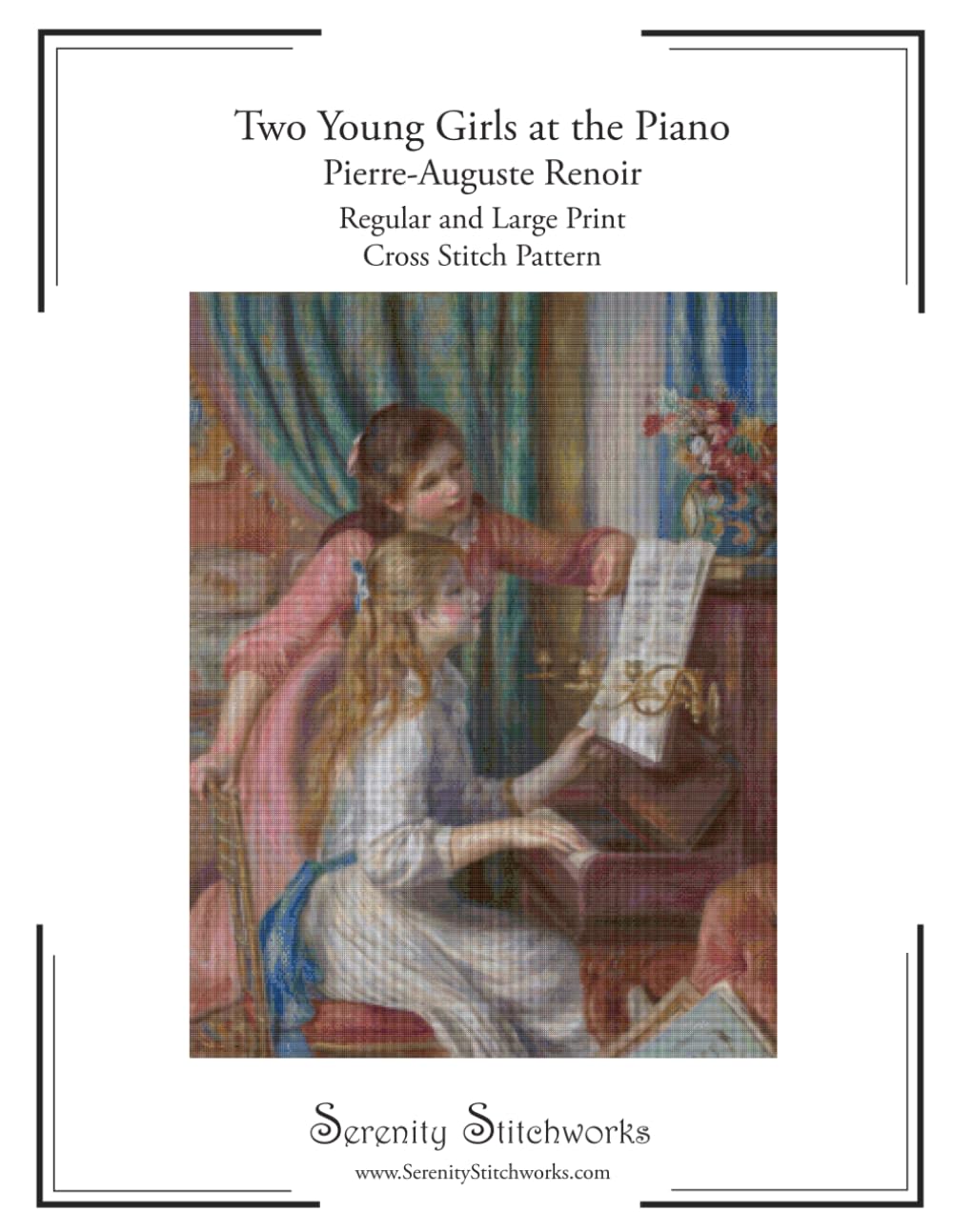 Two Young Girls at the Piano Cross Stitch Pattern – Pierre-Auguste Renoir: Regular and Large Print Cross Stitch Pattern