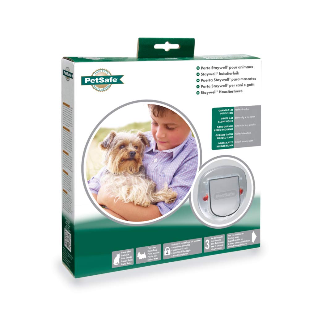 PetSafe Große Katzenklappe für Katzen/kleine Hunde, Ideal für Fenster/Schiebetüren, Tiere bis 10 kg, 4 manuelle Verschlussoptionen, Weiß, Staywell