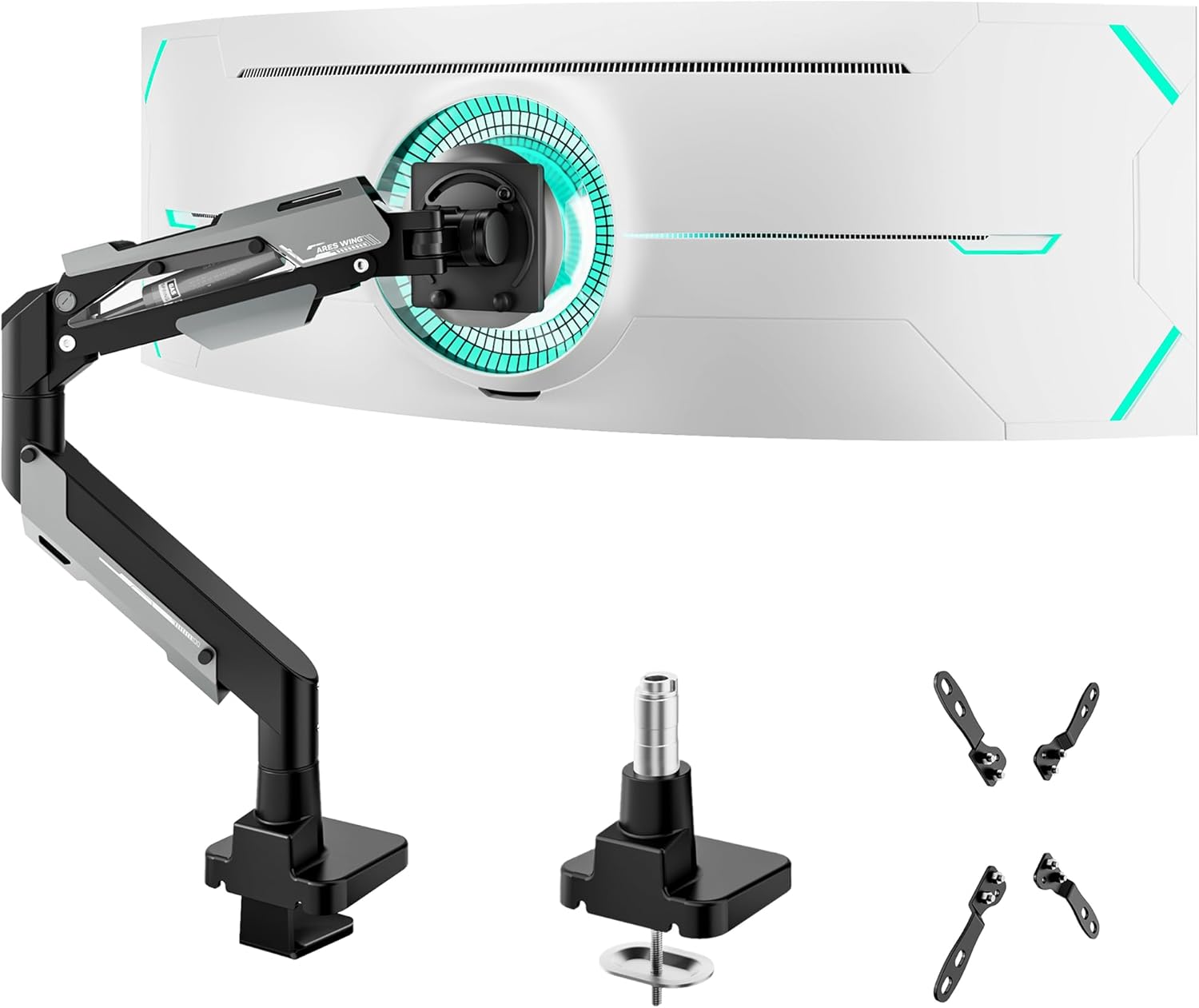 ARES WING Heavy Duty Single Monitor Arm - Gas Spring Aluminum Monitor Mount for 24"-57" Ultrawide Screens up to 66 lbs with Clamp/Grommet Desk Mount, 75/100/200 Vesa Mount, Black