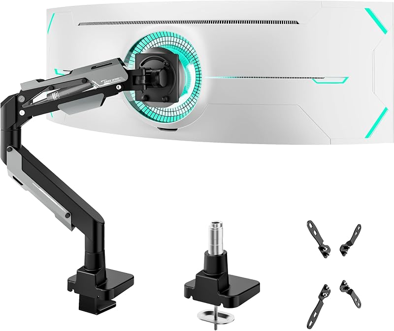 ARES WING Heavy Duty Monitor Arm for 24-57 Inch Screens, Black | Gas Spring Aluminum Monitor Mount for Ultrawide Screens up to 66 lbs with Clamp/Grommet Desk Mount, 75/100/200 Vesa Mount