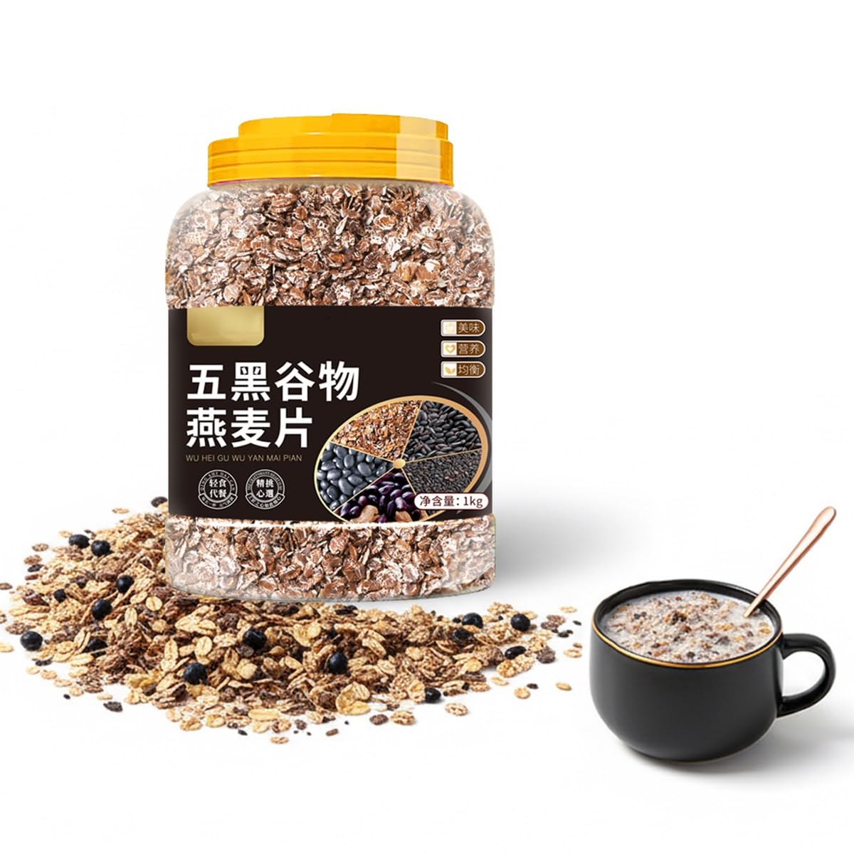 Miscela Di Avena Con Cinque Cereali Neri, Vasetto Da 1kg – Cereale Caldo Senza Zuccheri Aggiunti Al Sesamo E Riso, Pronto In Minuti, Aggiungi Latte O Frutta