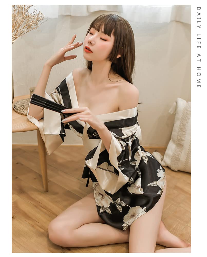 SINROYEE Damski szlafrok kimono seksowna bielizna zestaw azjatycki styl odzież domowa piżama satynowa koszula nocna szlafrok anime cosplay, Czarny, rozmiar uniwersalny