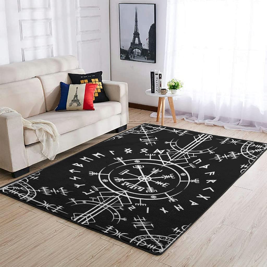 Auqie Rug Viking Runes Compass Super Soft Short Pile Rug Fur Look Living Room Rug Non-Slip Underside Rugs Artistic for Living Room Bedroom Hallway