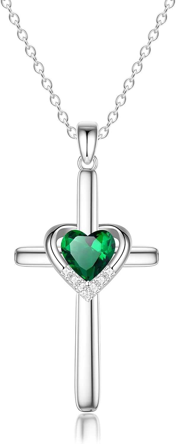 Cross Necklace with Genuine Heart Birthstone for Women, Love and Faith, Birthday Gifts for Her