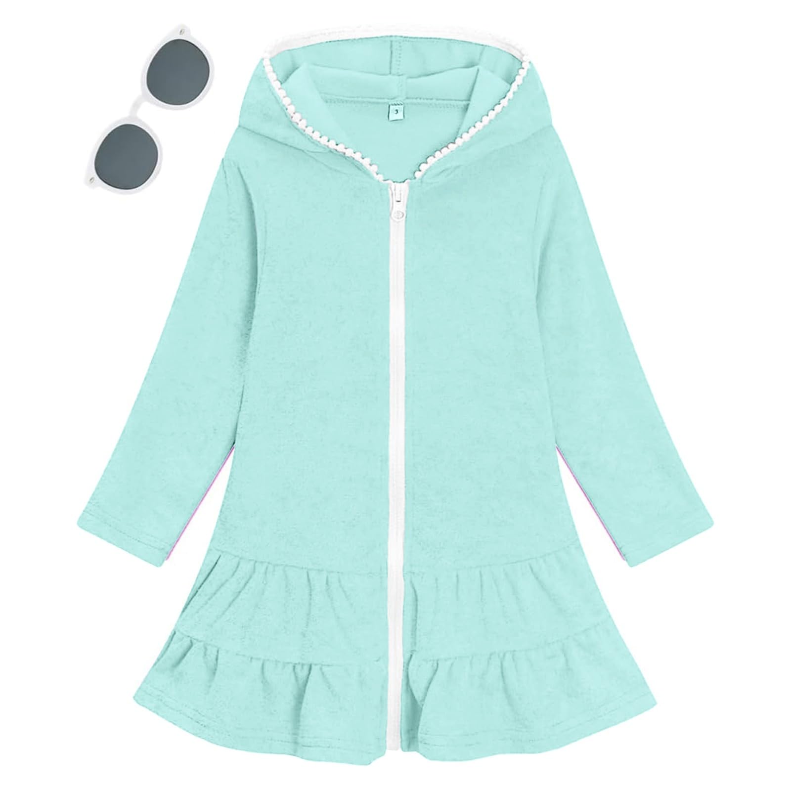 Badeponcho Kinder Reißverschluss Kapuze Cover Up mit Sonnenbrille Saugfähige Frottee Strandkleid Rüschen Gemütlich Strandtuch Sommer Mädchenkleid Langarm Bademode
