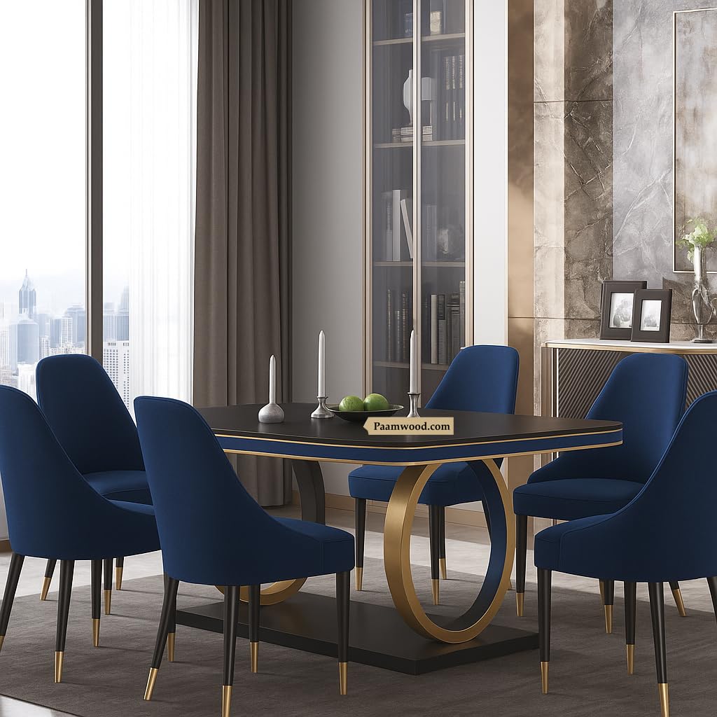 PAAM WOOD 6-Seater Dining Table with Nano Composite Marble Top and PVC Golden Wooden Base |2yr Warranty - Includes 6 Fabric Upholstered Chairs (Blue)
