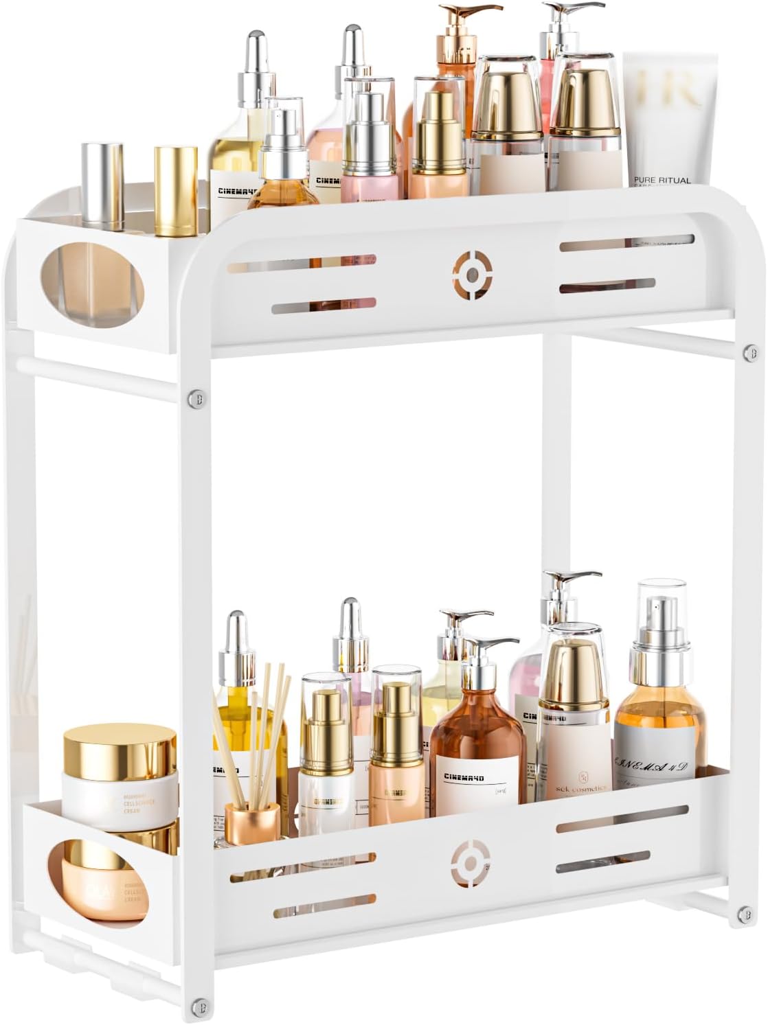 Aduanbang 2-Tier Counter Organizer Shelf, Metal Spice Rack for Kitchen, Vanity, Coffee Area and Home Office, Black (White, 2 Tier)