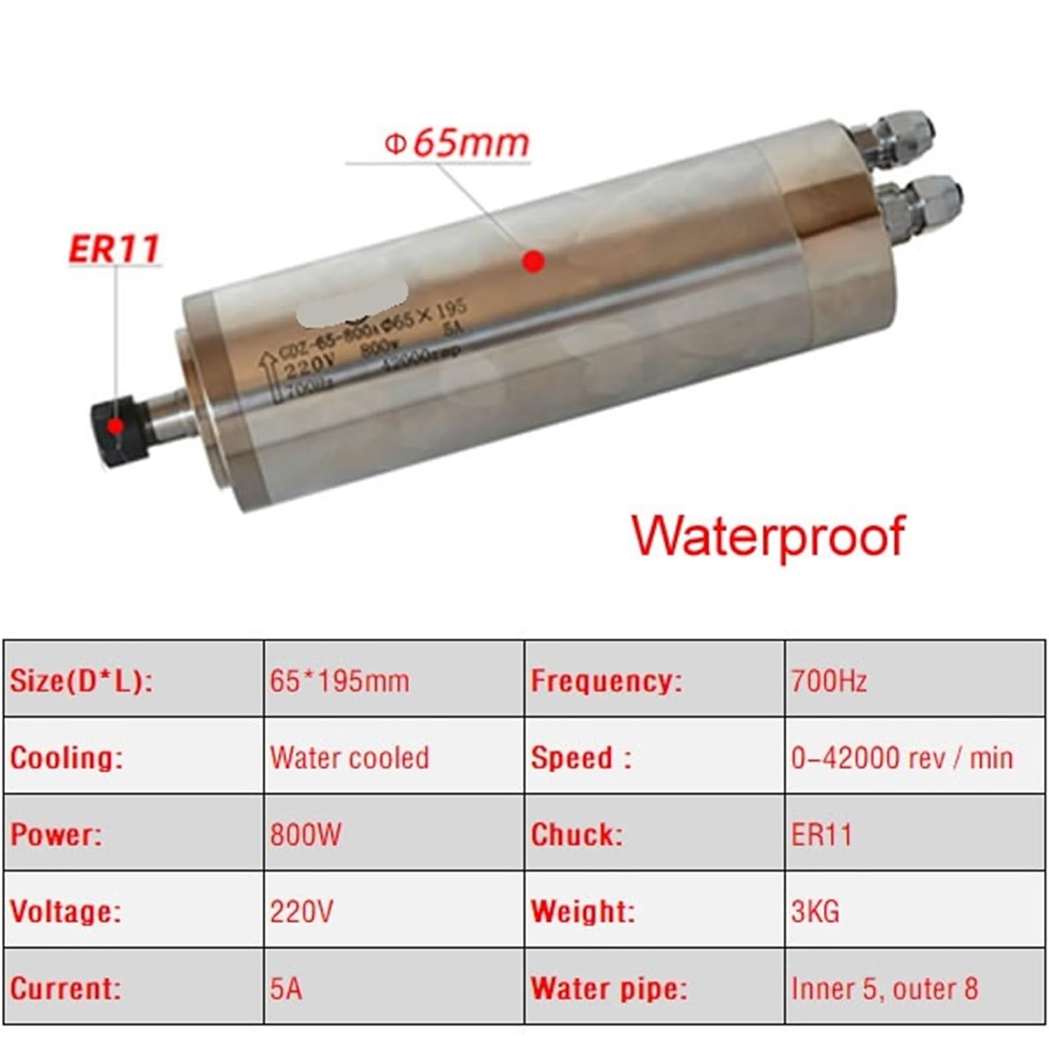 220V 800W 1.5KW CNC Spindle Motor Waterproof Water Cooled Milling Machine Z Axis Shaft 65mm 80mm 1500W 2200W ER11 Collet Chuck