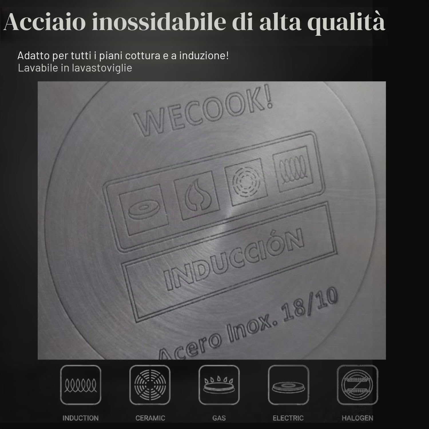 Wecook! Pentola in acciaio inossidabile 18/10 con coperchio in acciaio, Adatta a tutti i tipi di fornelli inclusa l'induzione, scala di misurazione integrata, Ø 24 cm, capacità 4,5 litri.