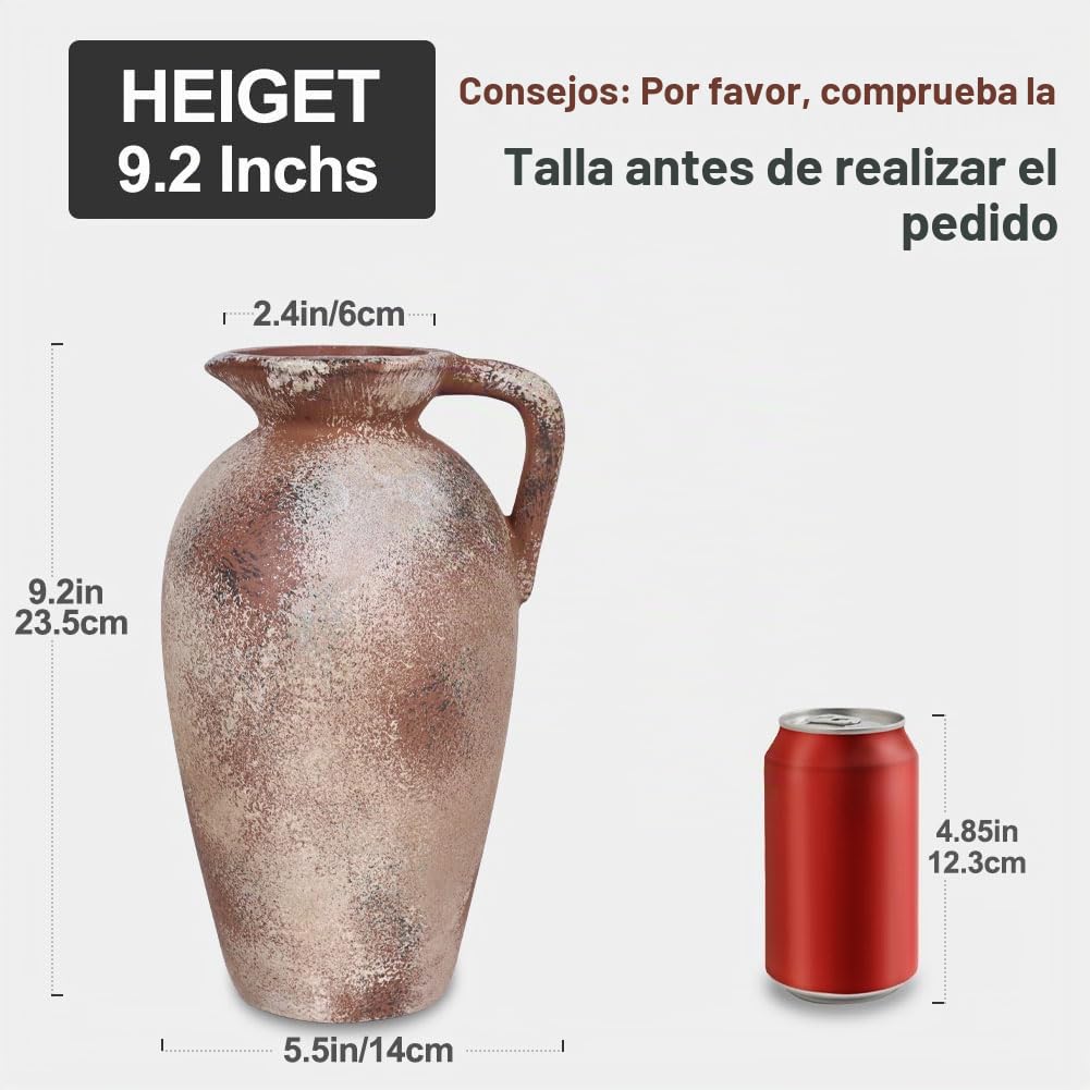 Jarrón de cerámica antigua de 9.3 pulgadas con asa, jarrón de terracota, jarrones de granja, decoración del hogar, estante de libros, sala de estar, entrada, boda, mesa central, diseño de jarrón de
