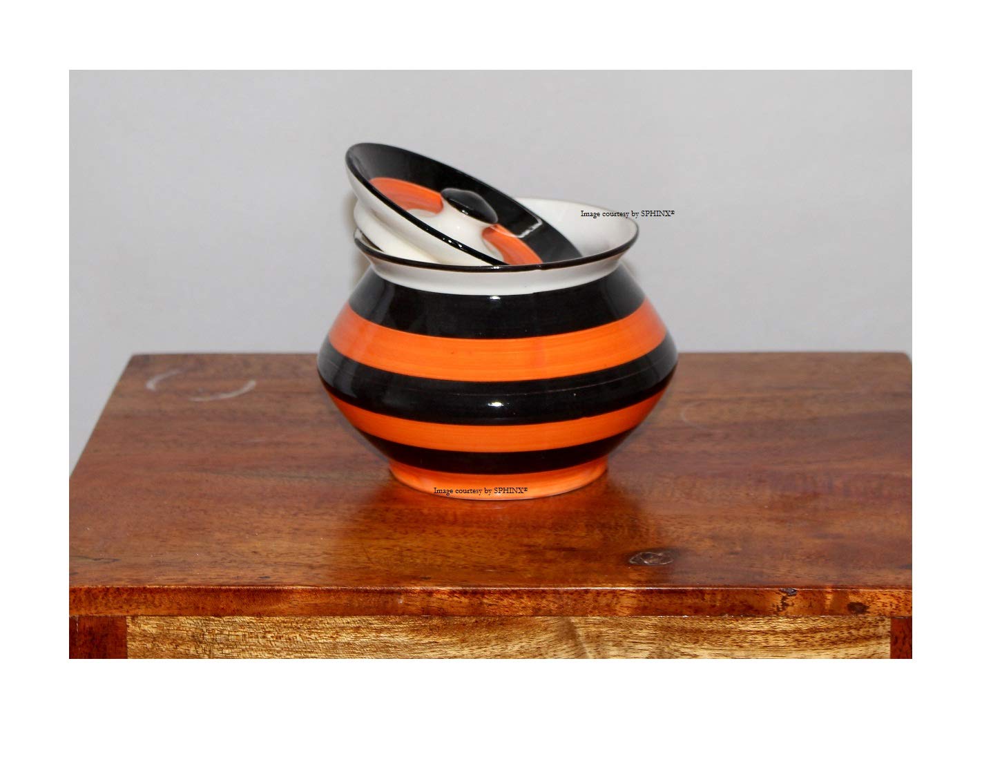 SPHINX Handmade Pottery Serving CeramicHandi/Bowls/Ceramic Container for dining table (Height with lid approx. 10 cms/4 Inches)- Check size images/details carefully before placing order- 1 piece (Orange & Black)