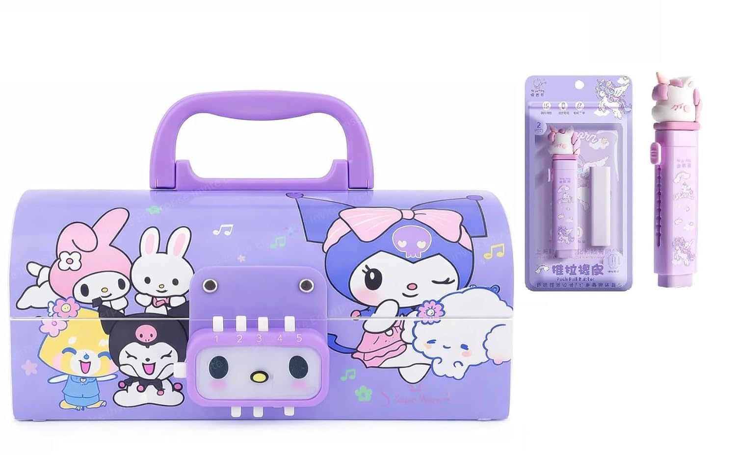 Kawaii Stationery Combo Set for Girls | Kawaii Pencil Case Pouch with Zipper & Push Pull Eraser with Refills Back to School Supplies Gift for Kids (Kuromi Purple Pencil Box Combo)-image-39