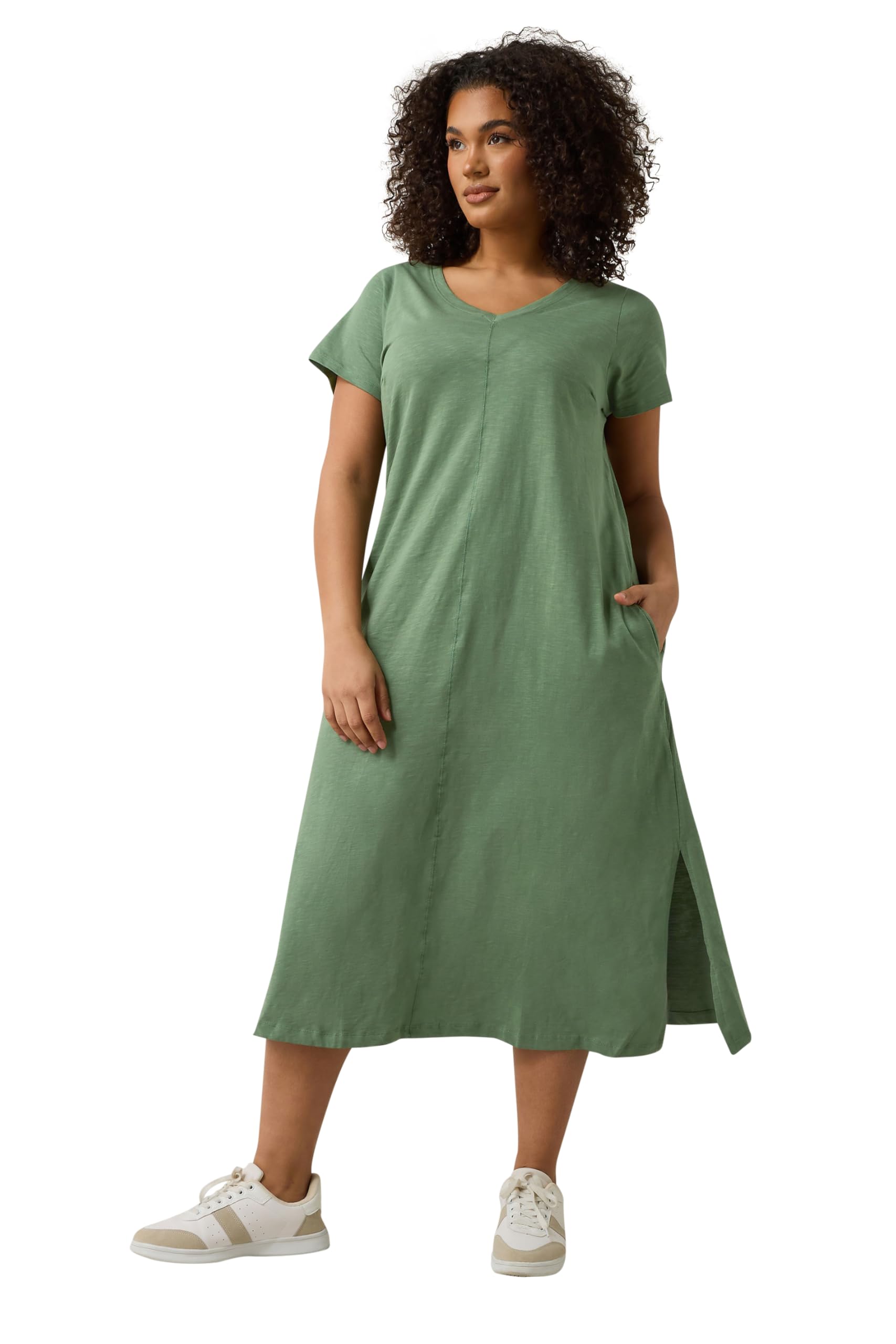 Evans Women's Khaki Curve Avocado Green Premium Cotton Dress - Plus Size Curve