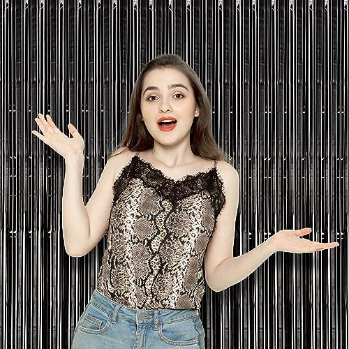 Image of Voircoloria 2 Pack Black Foil Fringe Backdrop Curtains, Tinsel Streamers Birthday Party Decorations, Fringe Backdrop for Graduation, Baby Shower, Gender Reveal, Disco Party