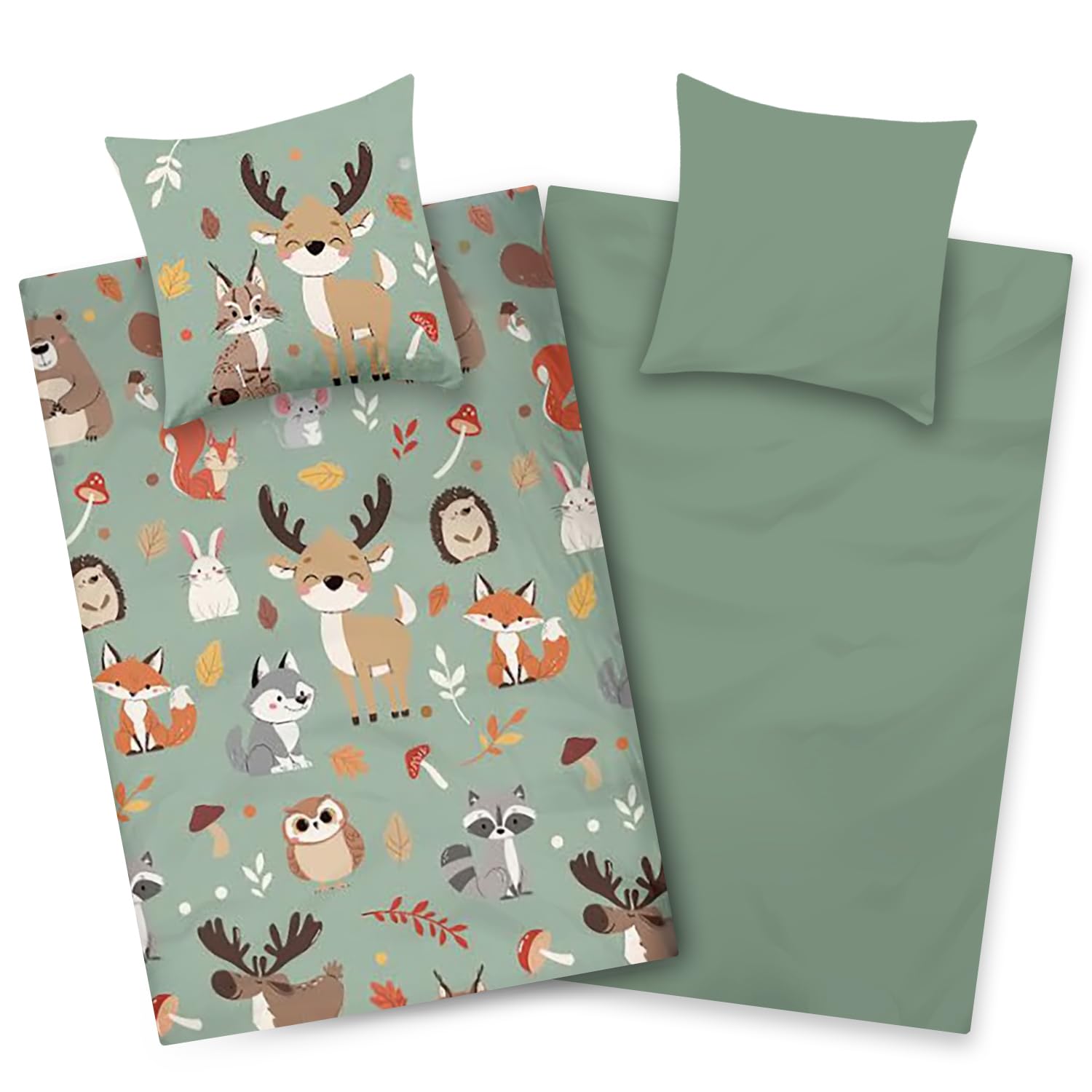 Aminata kids Bettwäsche 135x200 cm Waldtiere für Kinder 100% Baumwolle Hirsch Fuchs Eule Hase für Jungen & Mädchen mit Reißverschluss