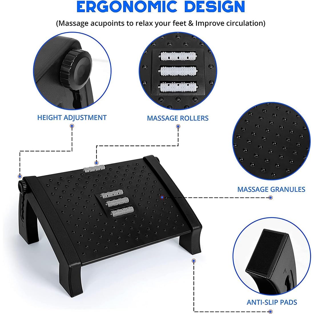 Pleasant 6 point adjustable underdask footrest with footage roller | 34.5 x 28 x 18 cm | Black