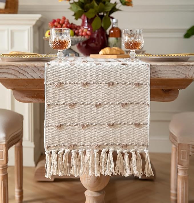Image of Handwoven Designer Organic Cotton Table Runner for 6 Seater Dining Table |Center Table | Patio Table |Coffee Table (14*72 INCHES)|Beige DH| TRBL 010