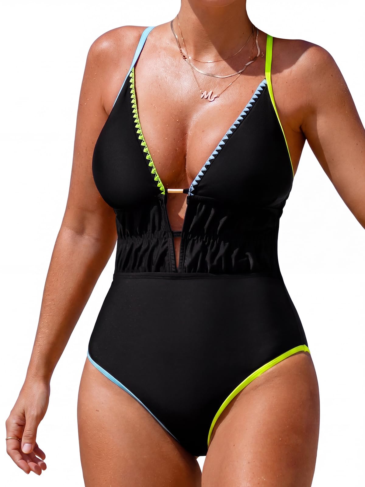 CUPSHE Costume da bagno intero da donna sexy con scollo profondo costume da bagno increspato in vita incrociato cravatta blocco di colore strutturato