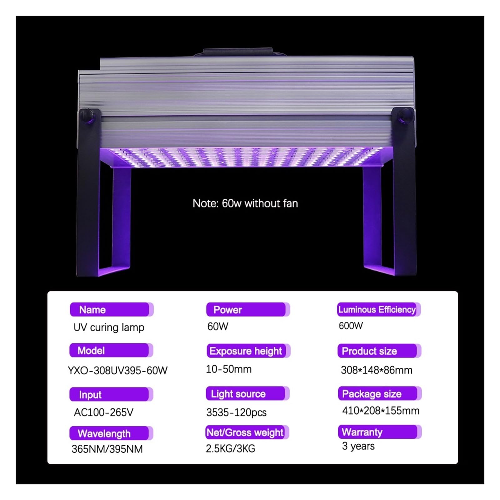 Luces de Cultivo, Lámpara de curado ultravioleta UV de 100W 365nm 395nm, pegamento resina verde aceite soldadura placa de circuito recubrimiento pantalla LCD barniz de pintura(395nm)