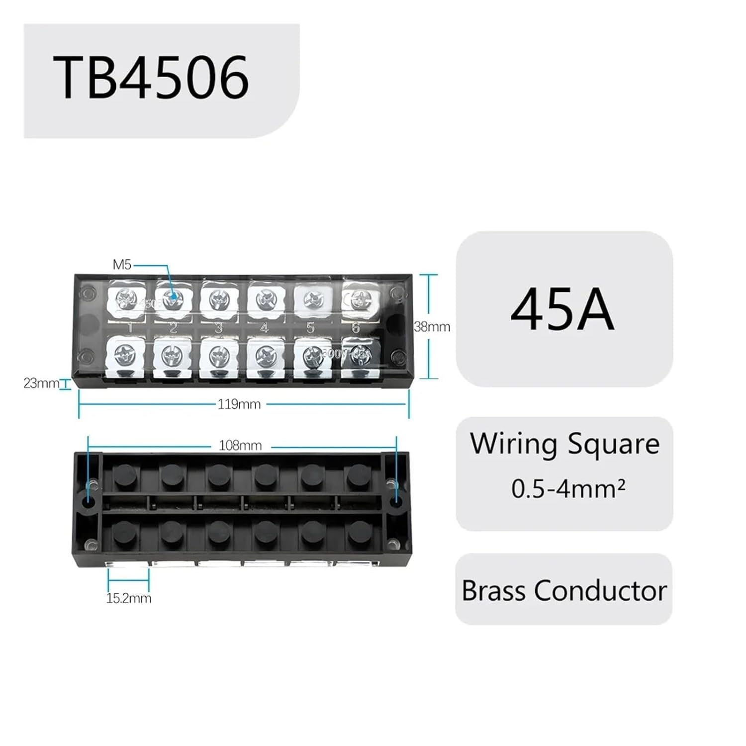 1pc TB45 Barrier Terminal Block TB Series Wire Connector 600V 45A 3/4/6/8/10/12 Position Screw Connection Connector(TB4506)