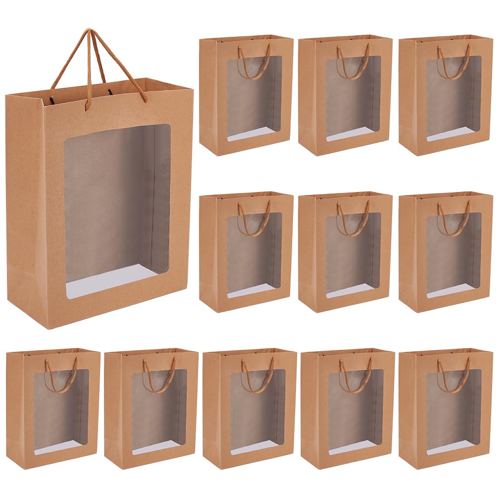 BENECREAT 16 sac Cadeau en Papier Brun avec Fenêtre Transparente Sacs de Courses Kraft de 26x12.2x32cm Sacs Cadeaux en Papier pour Bouquets Anniversaires Fêtes Mariages Emballages de Noël
