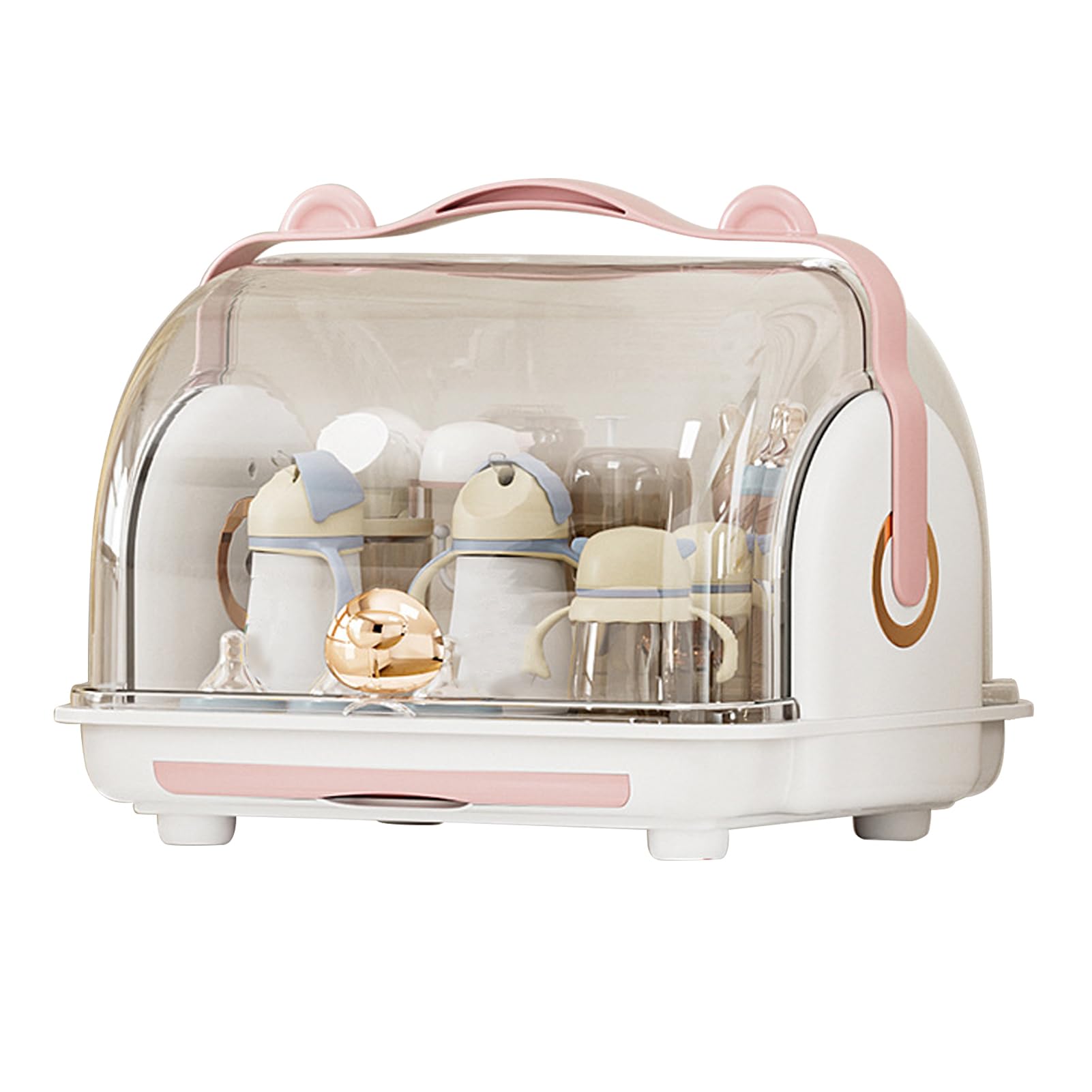 Keenso Support de Séchage de Biberons, Boîte de Rangement Anti-poussière avec Couvercle, Organisateur en Plastique Simple pour la Cuisine, Vaisselle pour Tout-petits (PINK)