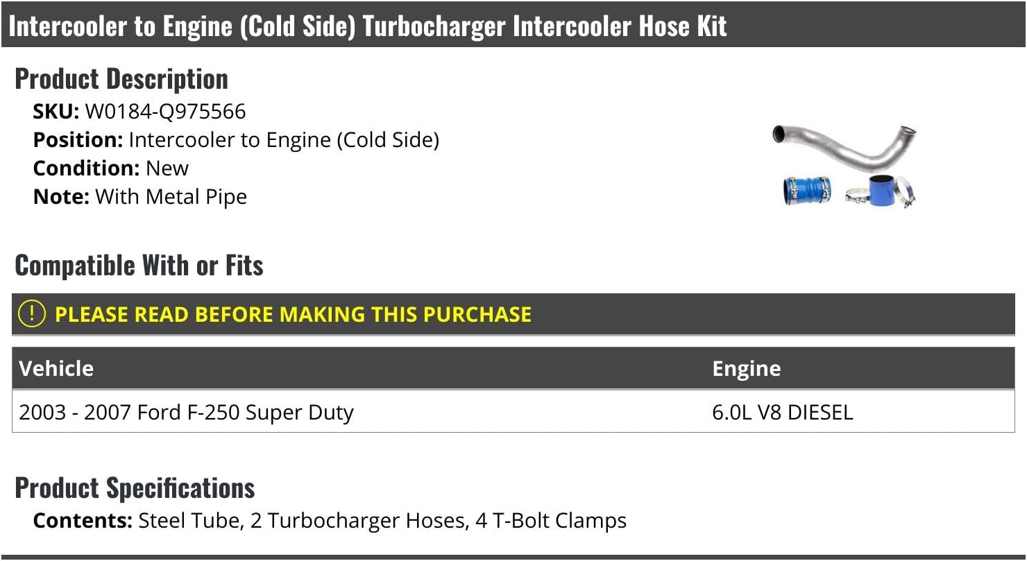 Marketplace Auto Parts Intercooler to Engine Cold Side Turbo Intercooler Hose Kit - with Metal Line, Hoses, and T Bolt Clamps - Compatible with 2003-2007 Ford F-250 Super Duty 6.0L V8 Turbo Diesel