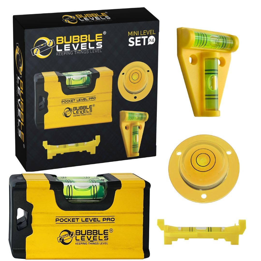 'BUBBLE LEVELS' - MINI Levelling Set (4 pcs) - Pocket PRO, T-Level, Bullseye & LINE Level, Yellow