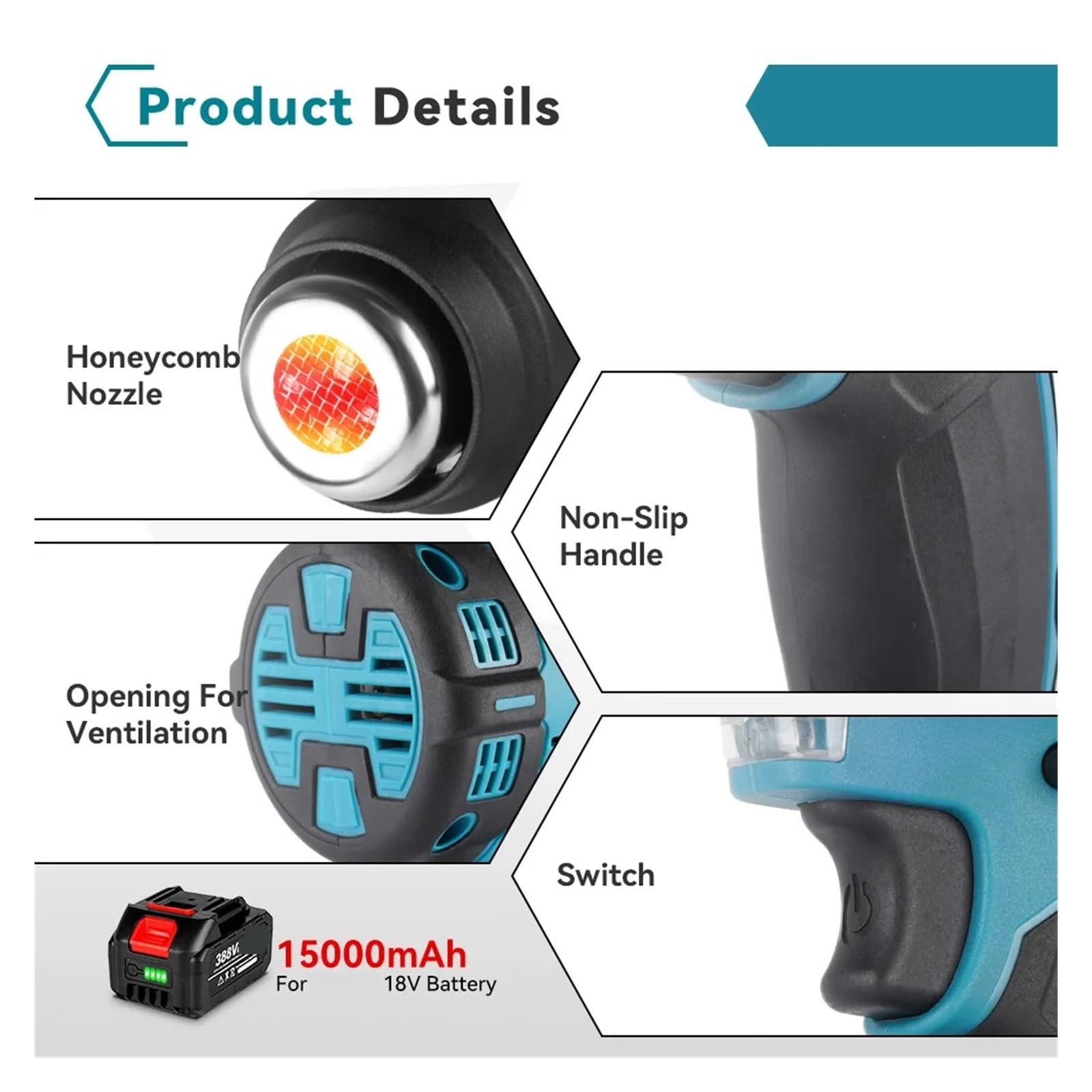 Elektryczna Opalarka 2000W Bezprzewodowa Ręczna Wiatrówka Z 3 Dyszami Przemysłowa Domowa Suszarka Do Włosów Na Akumulator 18V Mocne, Szybkie Nagrzewanie(Without Battery)