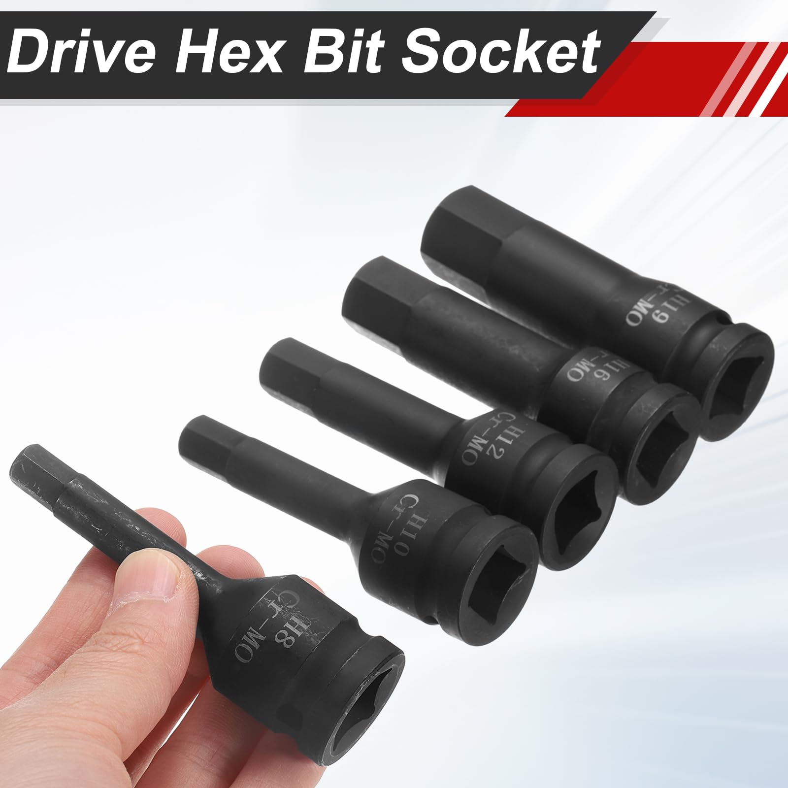 QUARKZMAN 8 Piezas Juego De Casquillos De Impacto De 1/2 Pulgada H5-H19 | Casquillo Alargado, Acero Cr-Mo Fosfatado Negro, Para Hexagonal, Adaptador Para Llaves De Impacto, Herramientas Manuales