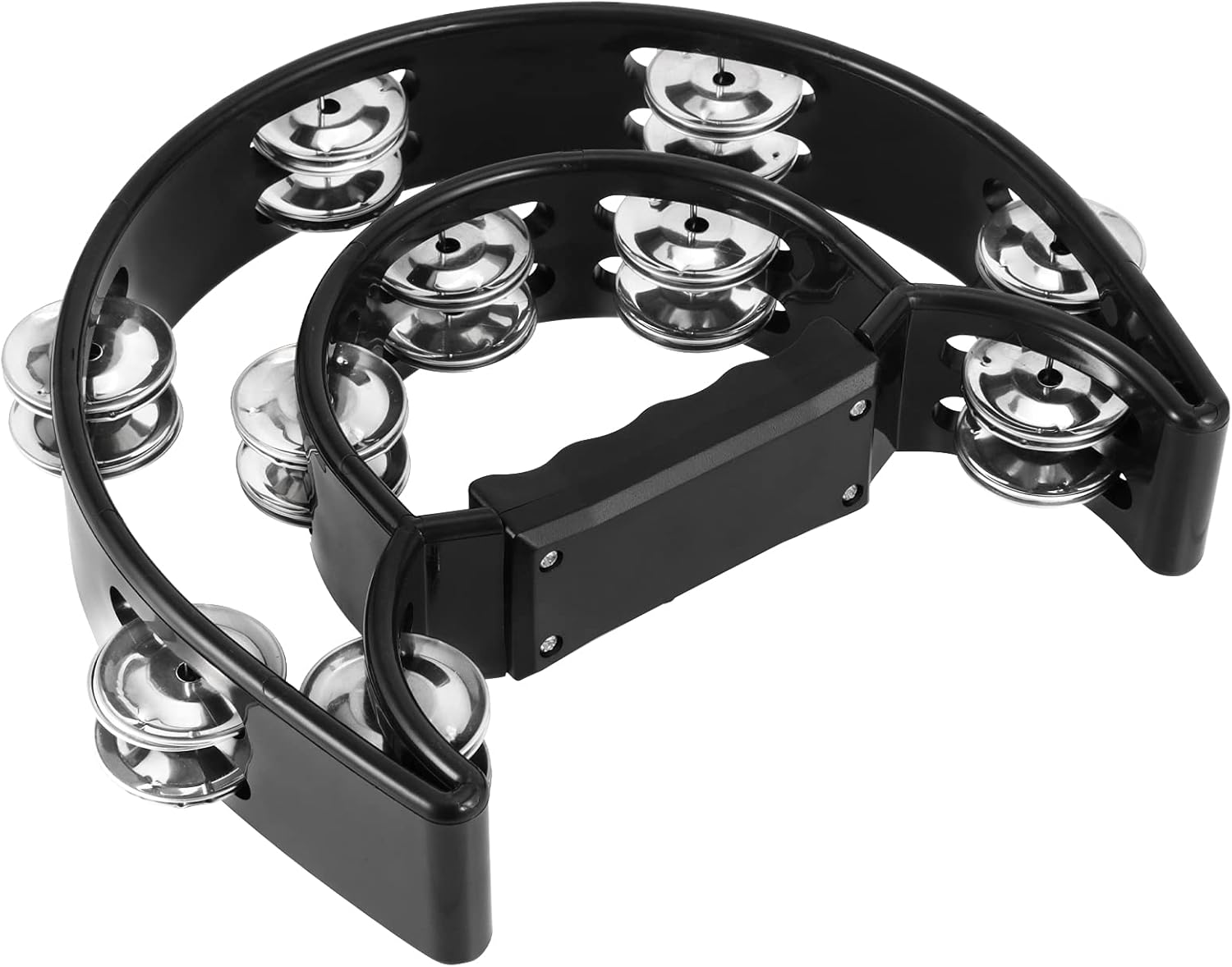 4 Pack 9 Inch Double Row Tambourine, Half Moon Musical Tambourine, Metal Jingles Hand Held Percussion Drum with Ergonomic Handle Grip for KTV, Party, Gift, Black