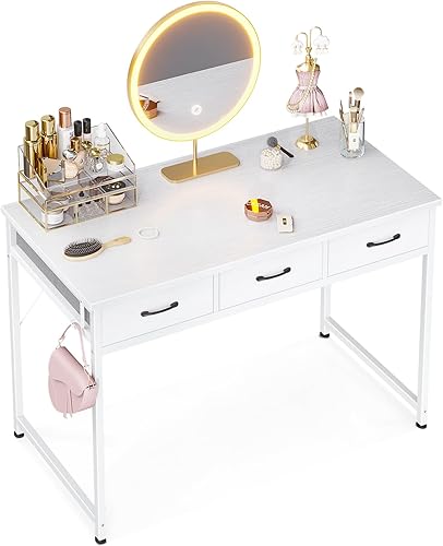 ODK Escritorio para computadora de 55 pulgadas con 3 cajones de tela para oficina en casa, escritorio de tocador con almacenamiento y gancho para