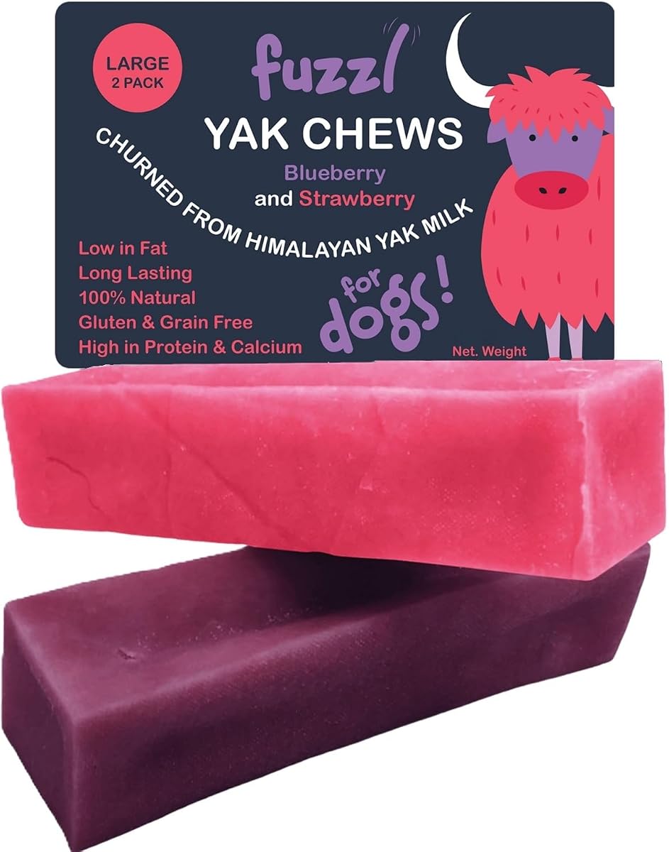 Fuzzl Blueberry Strawberry Yak Chews & Leather Bone Dog Toy Bundle | Natural yak chew + durable eco-leather chew bone - complete chew & play bundle for dogs