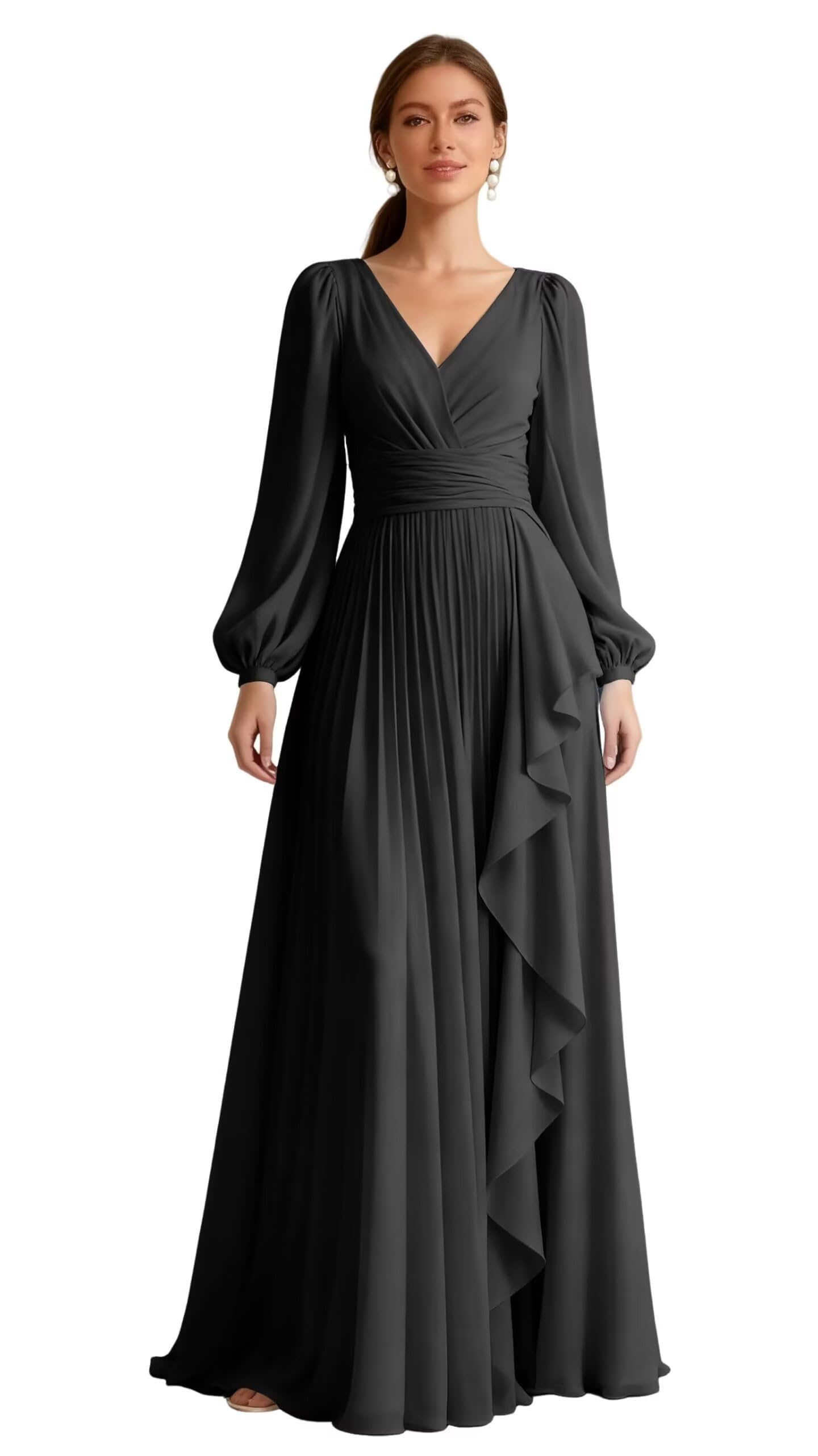 GRILSONTOP Chiffon V Neck Bridesmaid Dresses for Women Long Sleeve Evening Gown Ruffled Wedding Guest Dress