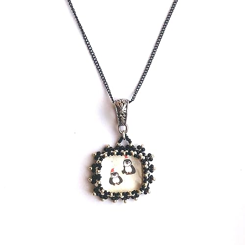 Miniatura 6 de Winter Jewelry black and white Beadwoven Miniature Penguin Earringsor Pendant Nature Statement Necklace black Chain (Penguin under glass Earrings)