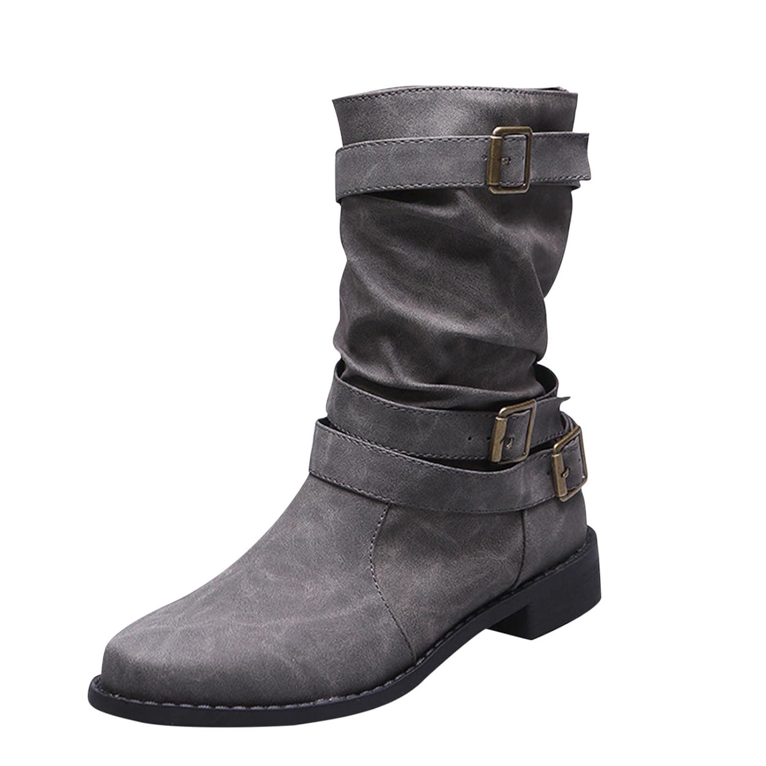 Mid Calf Boots for Women Round Toe Low Heel Boot Fashion Riding Shoes Comfortable Buckle Classic Leather Booties