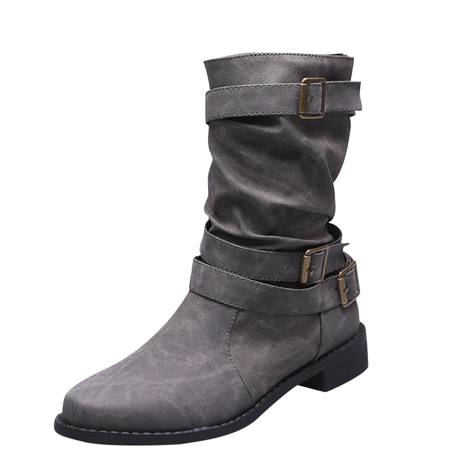 Mid Calf Boots for Women Round Toe Low Heel Boot Fashion Riding Shoes Comfortable Buckle Classic Leather Booties